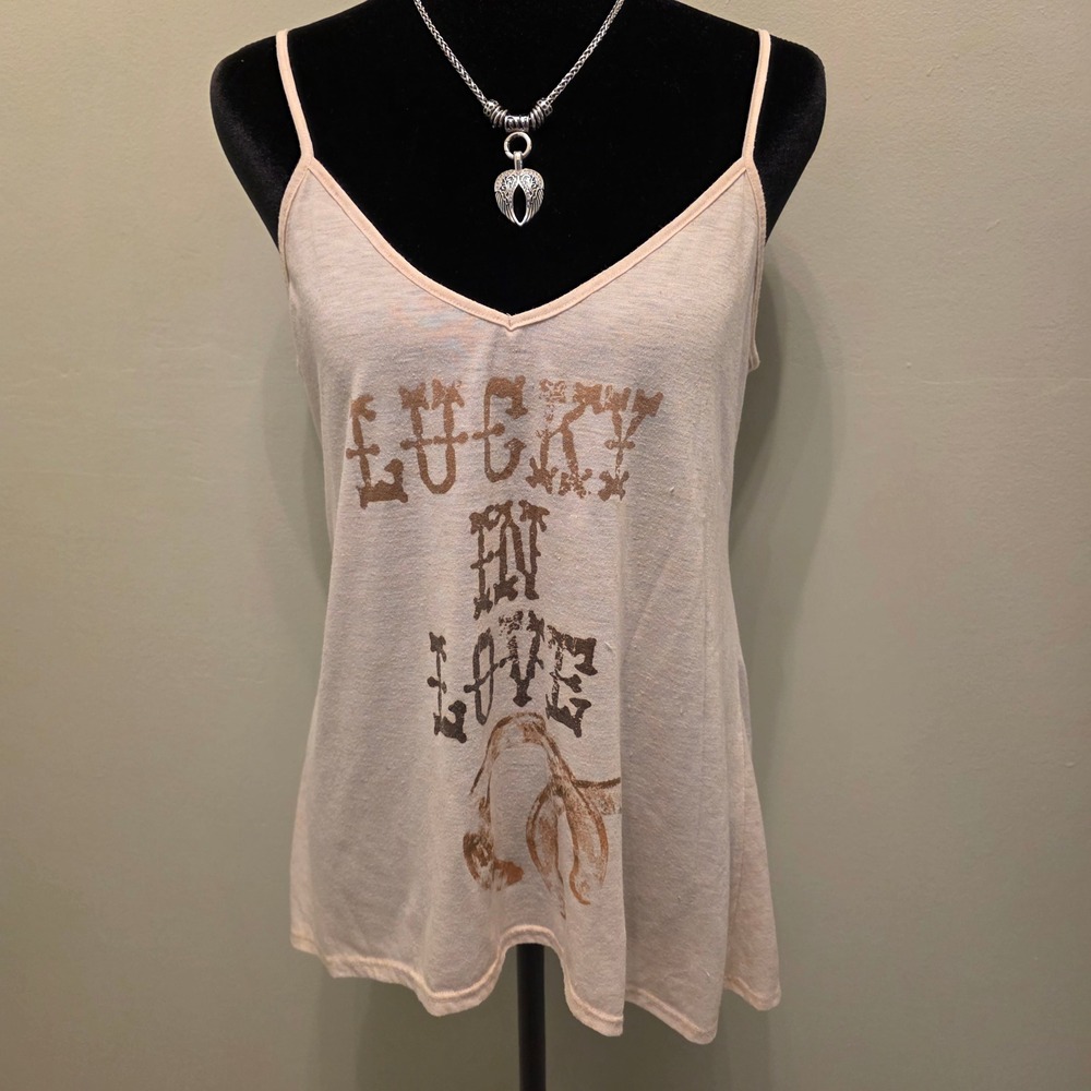 Vintage Wet Seal Lucky In Love Horseshoe Graphic Cami Tank Top Cream Brown Large